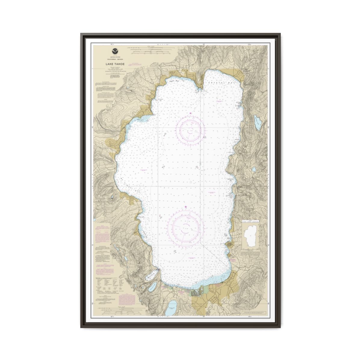 Chart 18665 Lake Tahoe - NOAA Nautical Chart Floating Frame Canvas | 20" x 30" | 24" x 36" | 32" x 48" - Espresso front