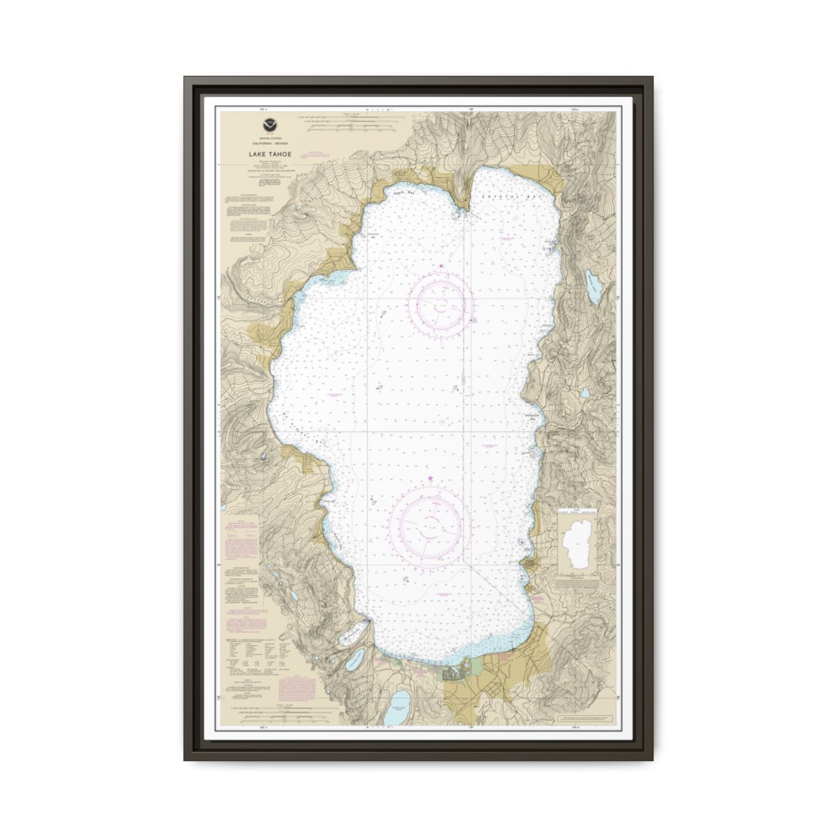 Chart 18665 Lake Tahoe - NOAA Nautical Chart Floating Frame Canvas | 20" x 30" | 24" x 36" | 32" x 48" - Espresso front