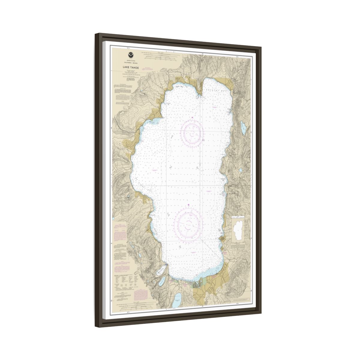 Chart 18665 Lake Tahoe - NOAA Nautical Chart Floating Frame Canvas | 20" x 30" | 24" x 36" | 32" x 48" - Espresso side