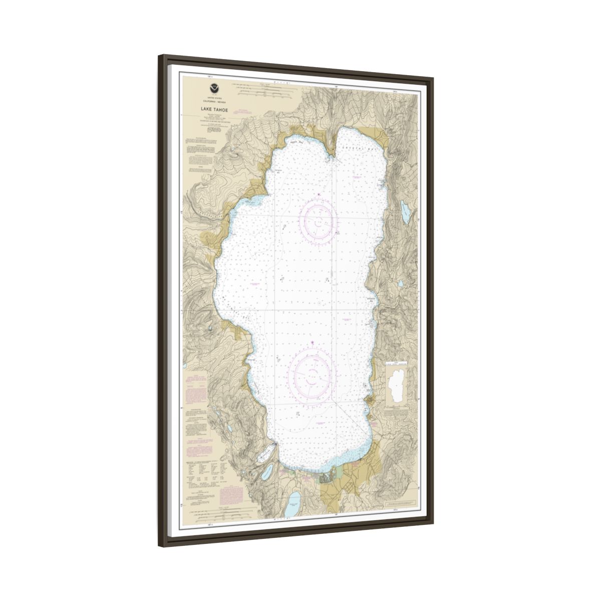 Chart 18665 Lake Tahoe - NOAA Nautical Chart Floating Frame Canvas | 20" x 30" | 24" x 36" | 32" x 48" - Espresso side
