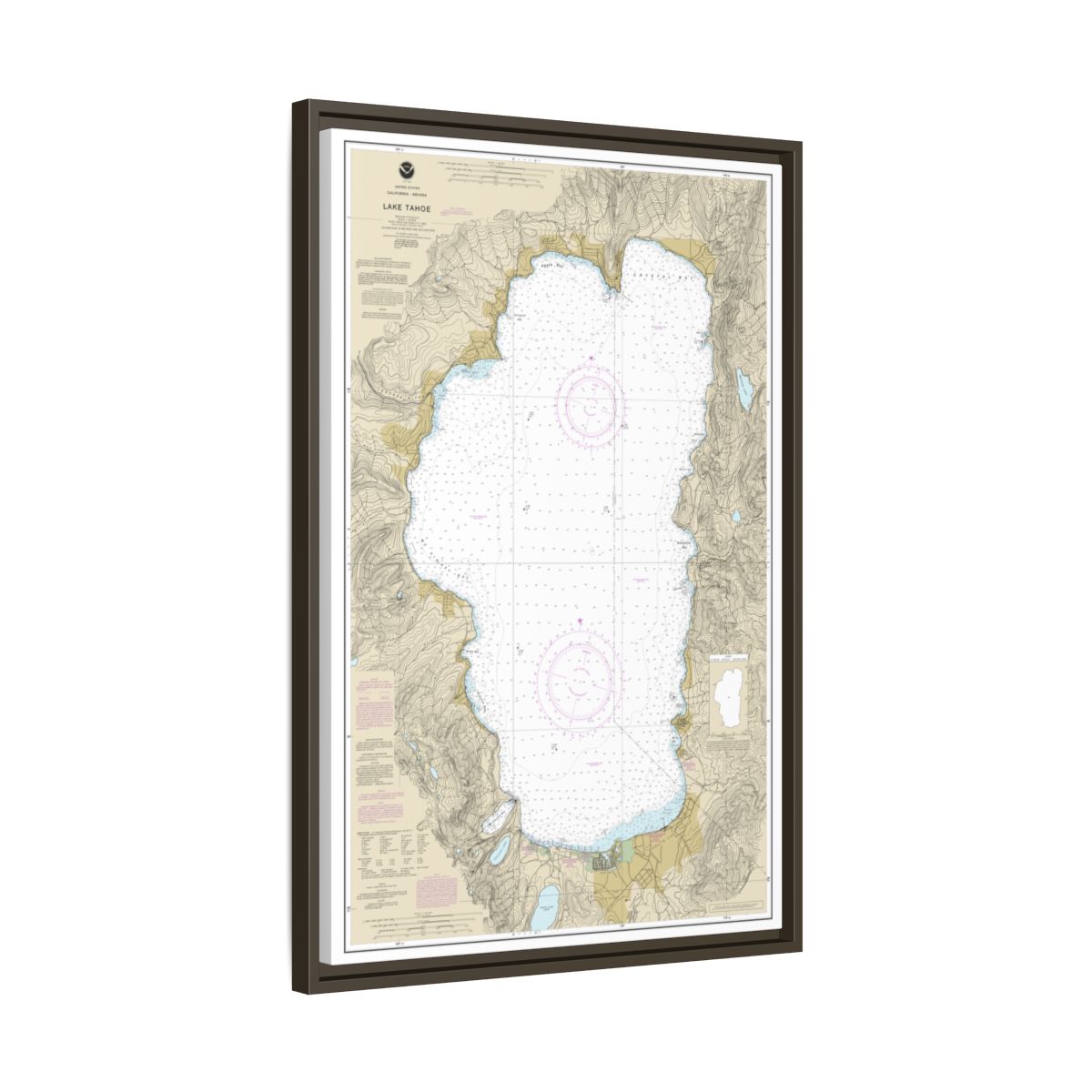 Chart 18665 Lake Tahoe - NOAA Nautical Chart Floating Frame Canvas | 20" x 30" | 24" x 36" | 32" x 48" - Espresso side