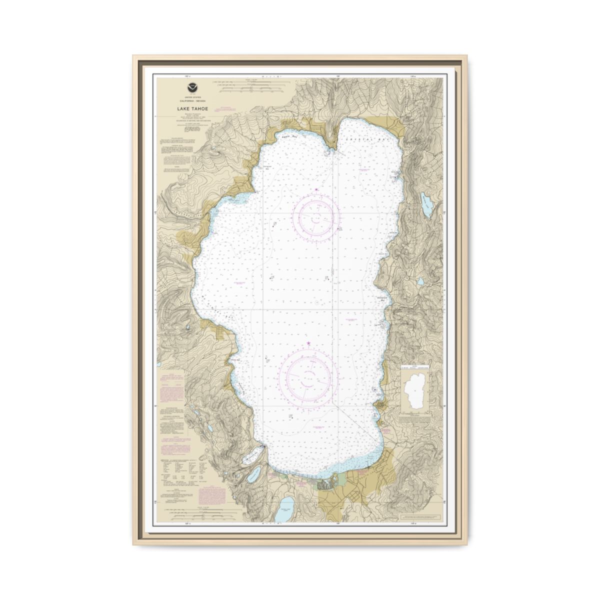 Chart 18665 Lake Tahoe - NOAA Nautical Chart Floating Frame Canvas | 20" x 30" | 24" x 36" | 32" x 48" - Natural front