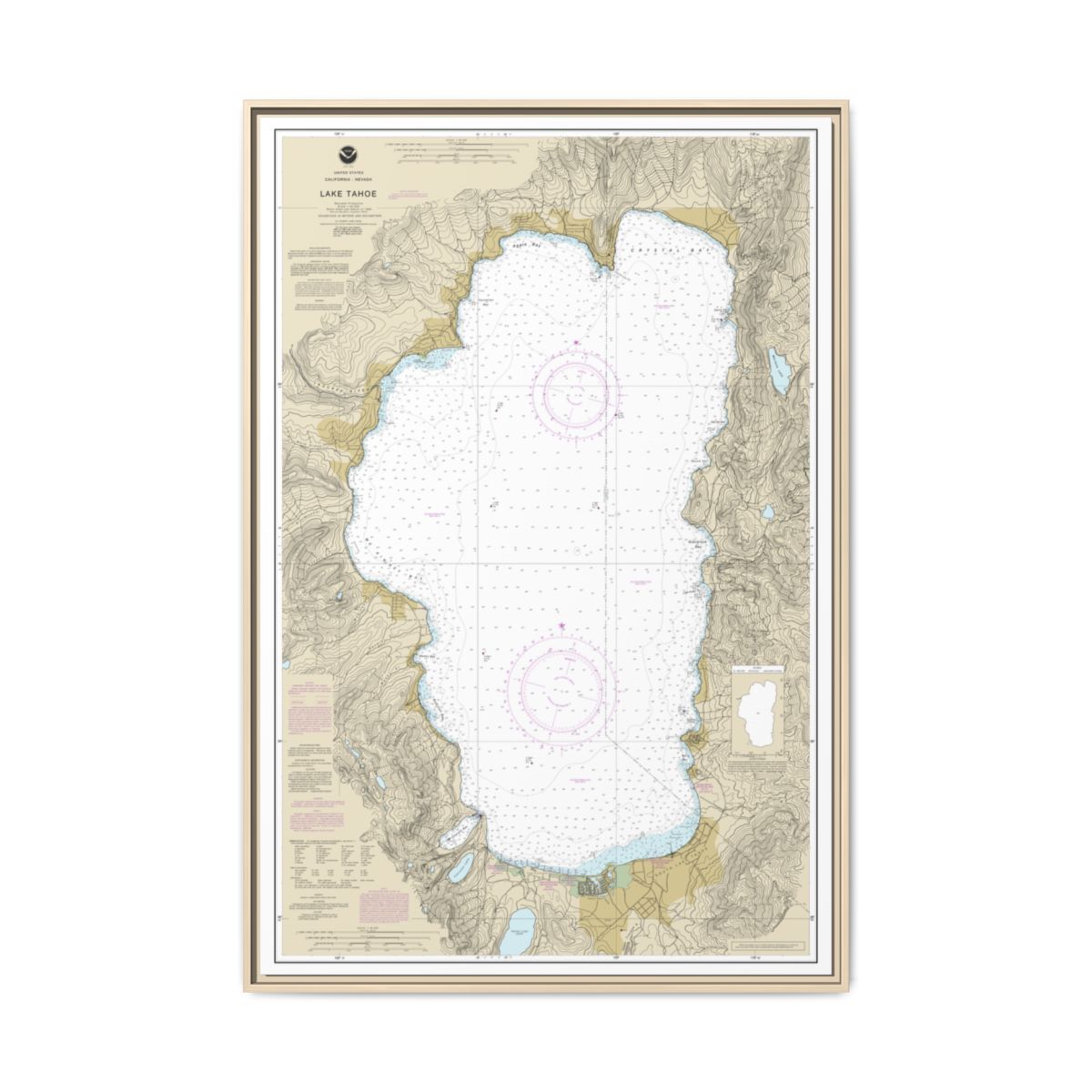 Chart 18665 Lake Tahoe - NOAA Nautical Chart Floating Frame Canvas | 20" x 30" | 24" x 36" | 32" x 48" - Natural front