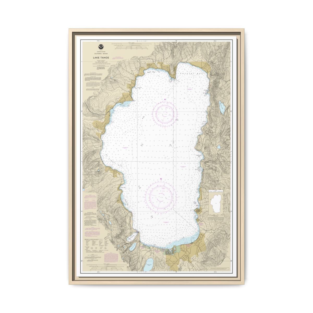 Chart 18665 Lake Tahoe - NOAA Nautical Chart Floating Frame Canvas | 20" x 30" | 24" x 36" | 32" x 48" - Natural front