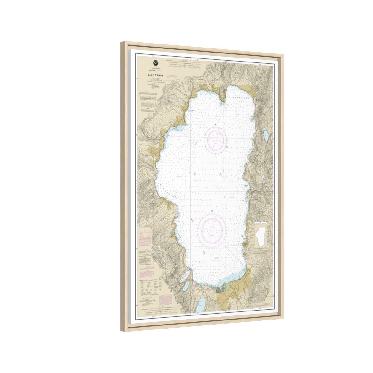 Chart 18665 Lake Tahoe - NOAA Nautical Chart Floating Frame Canvas | 20" x 30" | 24" x 36" | 32" x 48" - Natural side