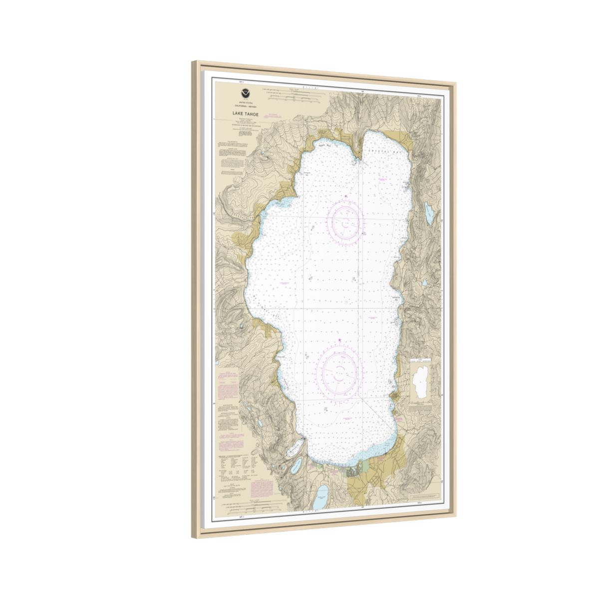 Chart 18665 Lake Tahoe - NOAA Nautical Chart Floating Frame Canvas | 20" x 30" | 24" x 36" | 32" x 48" - Natural side