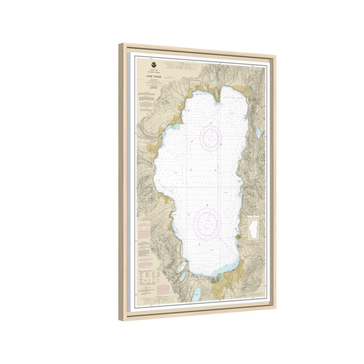 Chart 18665 Lake Tahoe - NOAA Nautical Chart Floating Frame Canvas | 20" x 30" | 24" x 36" | 32" x 48" - Natural side