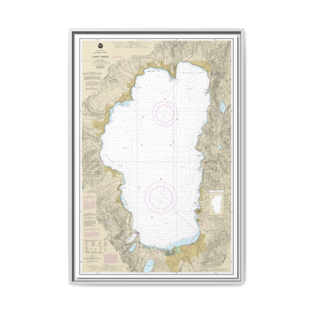 Chart 18665 Lake Tahoe - NOAA Nautical Chart Floating Frame Canvas | 20" x 30" | 24" x 36" | 32" x 48" - White front