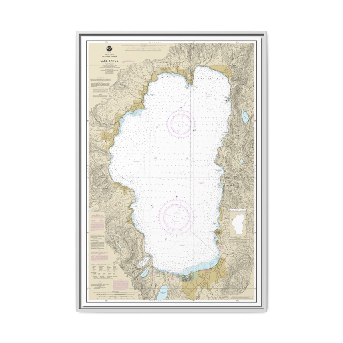 Chart 18665 Lake Tahoe - NOAA Nautical Chart Floating Frame Canvas | 20" x 30" | 24" x 36" | 32" x 48" - White front