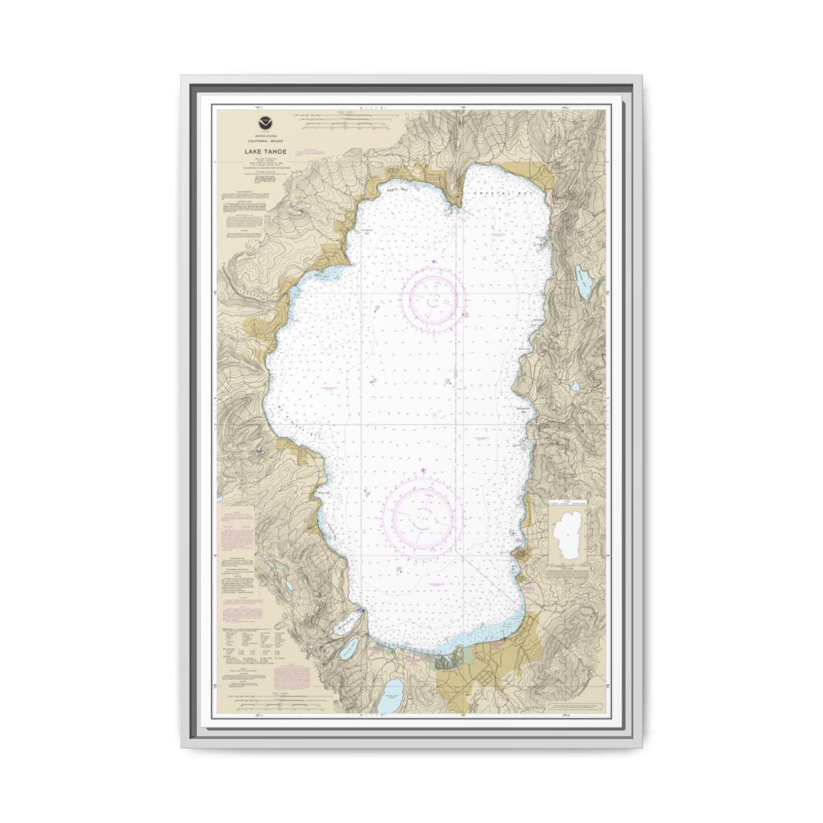 Chart 18665 Lake Tahoe - NOAA Nautical Chart Floating Frame Canvas | 20" x 30" | 24" x 36" | 32" x 48" - White front