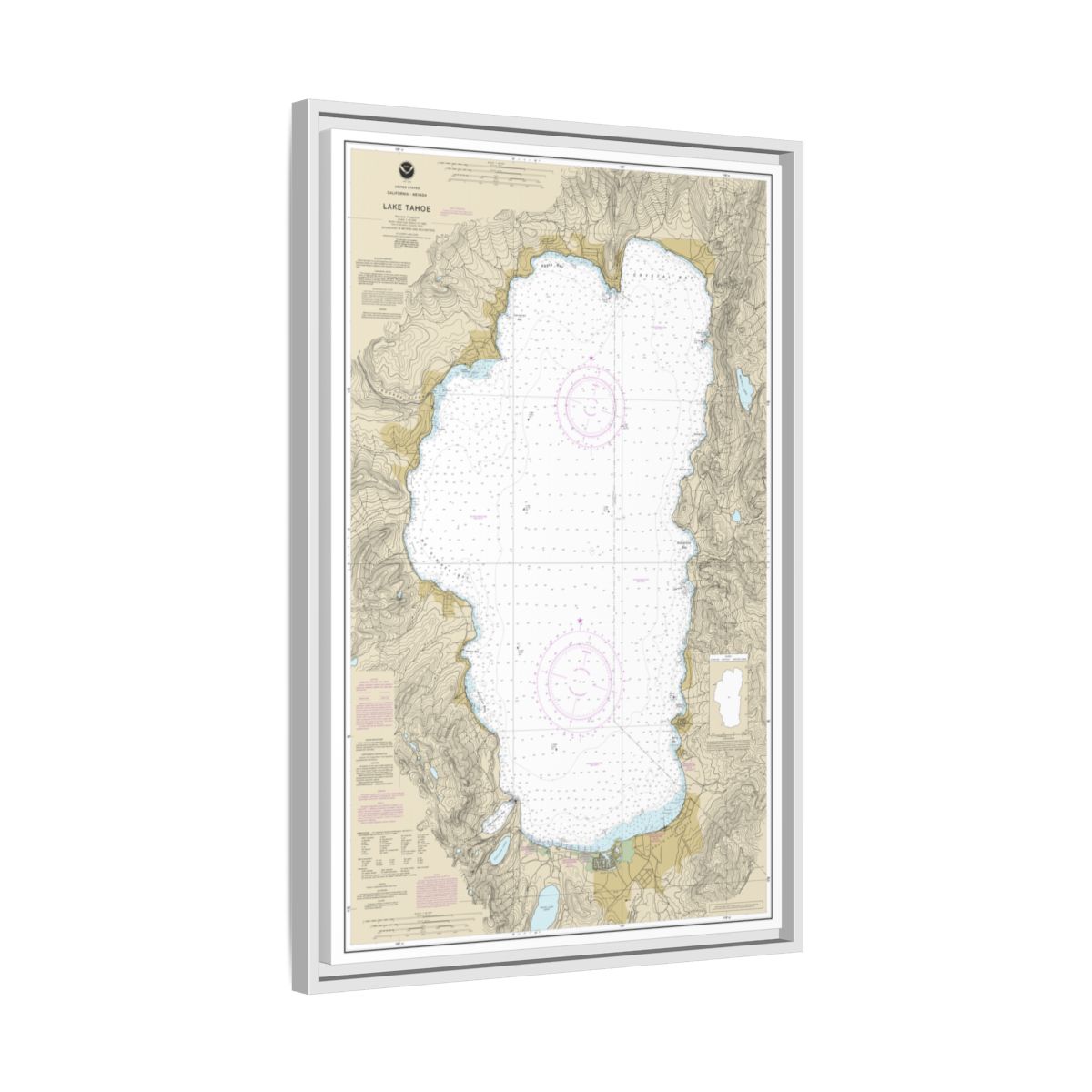 Chart 18665 Lake Tahoe - NOAA Nautical Chart Floating Frame Canvas | 20" x 30" | 24" x 36" | 32" x 48" - White side