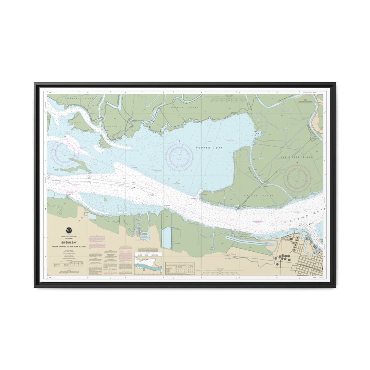 Chart 18666 Suisun Bay Middle Ground to New York Slough - NOAA Nautical Chart Floating Frame Canvas | 30" x 20" | 36" x 24" | 48" x 32" - Black front