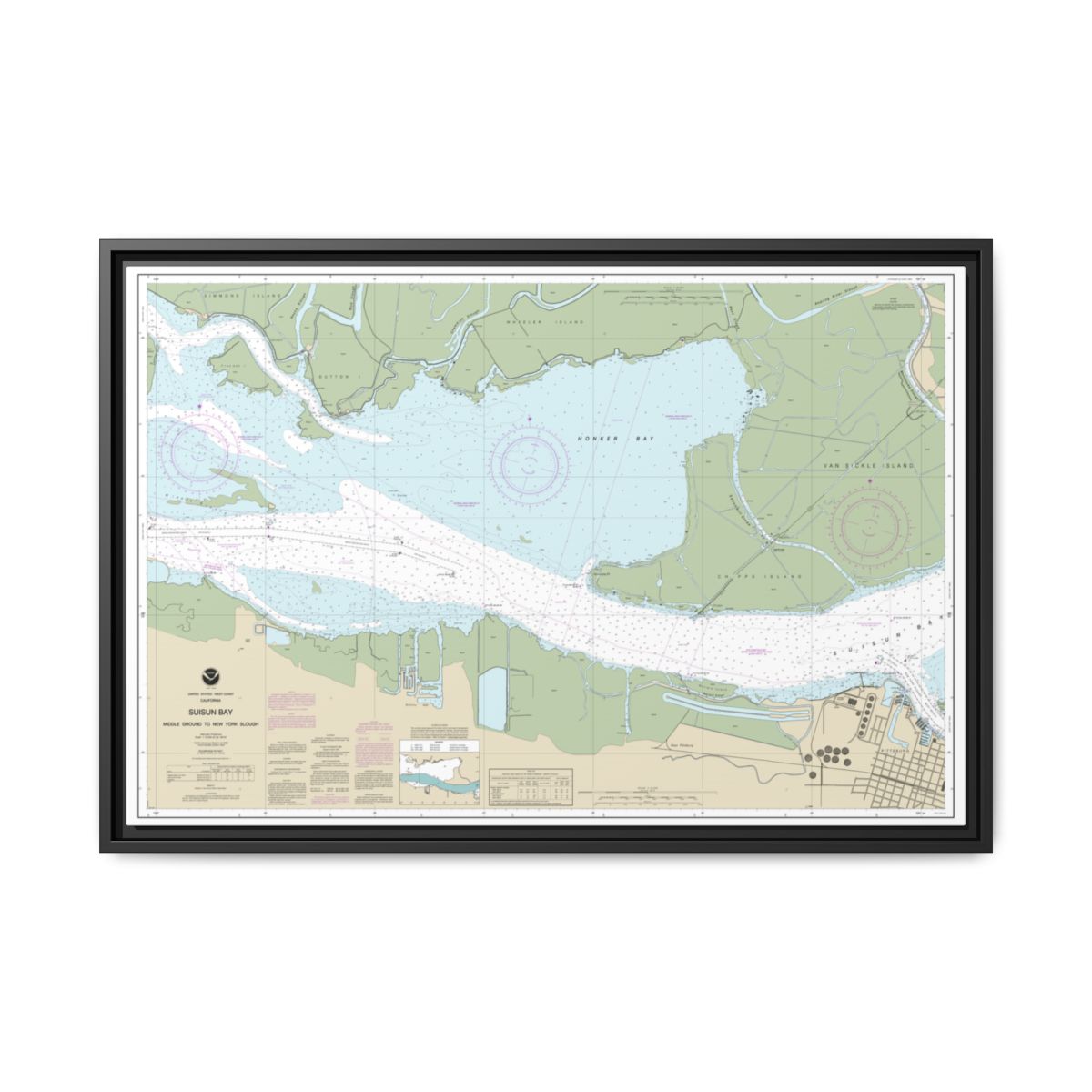 Chart 18666 Suisun Bay Middle Ground to New York Slough - NOAA Nautical Chart Floating Frame Canvas | 30" x 20" | 36" x 24" | 48" x 32" - Black front