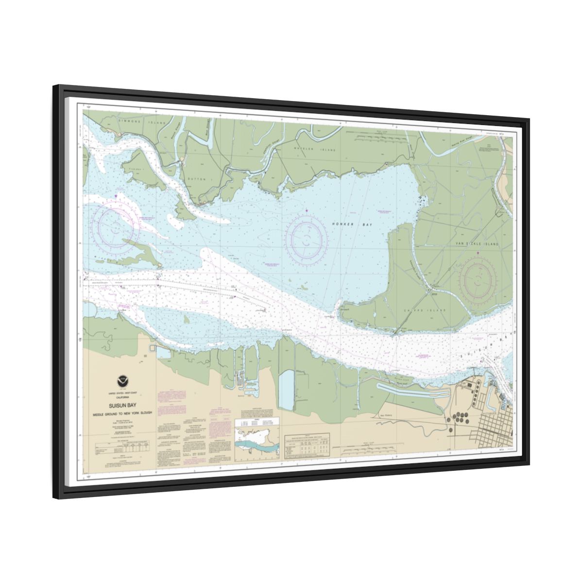 Chart 18666 Suisun Bay Middle Ground to New York Slough - NOAA Nautical Chart Floating Frame Canvas | 30" x 20" | 36" x 24" | 48" x 32" - Black side