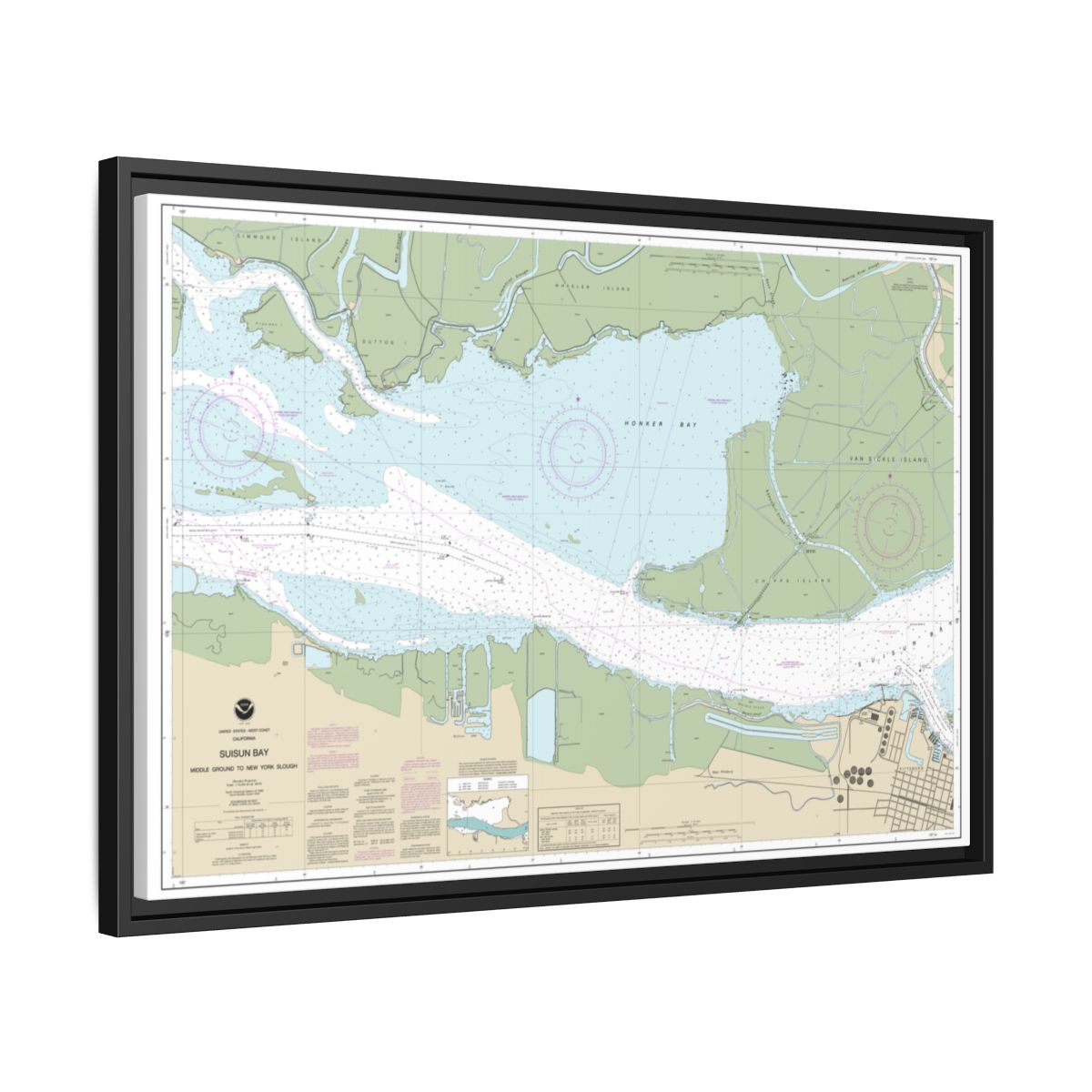 Chart 18666 Suisun Bay Middle Ground to New York Slough - NOAA Nautical Chart Floating Frame Canvas | 30" x 20" | 36" x 24" | 48" x 32" - Black side