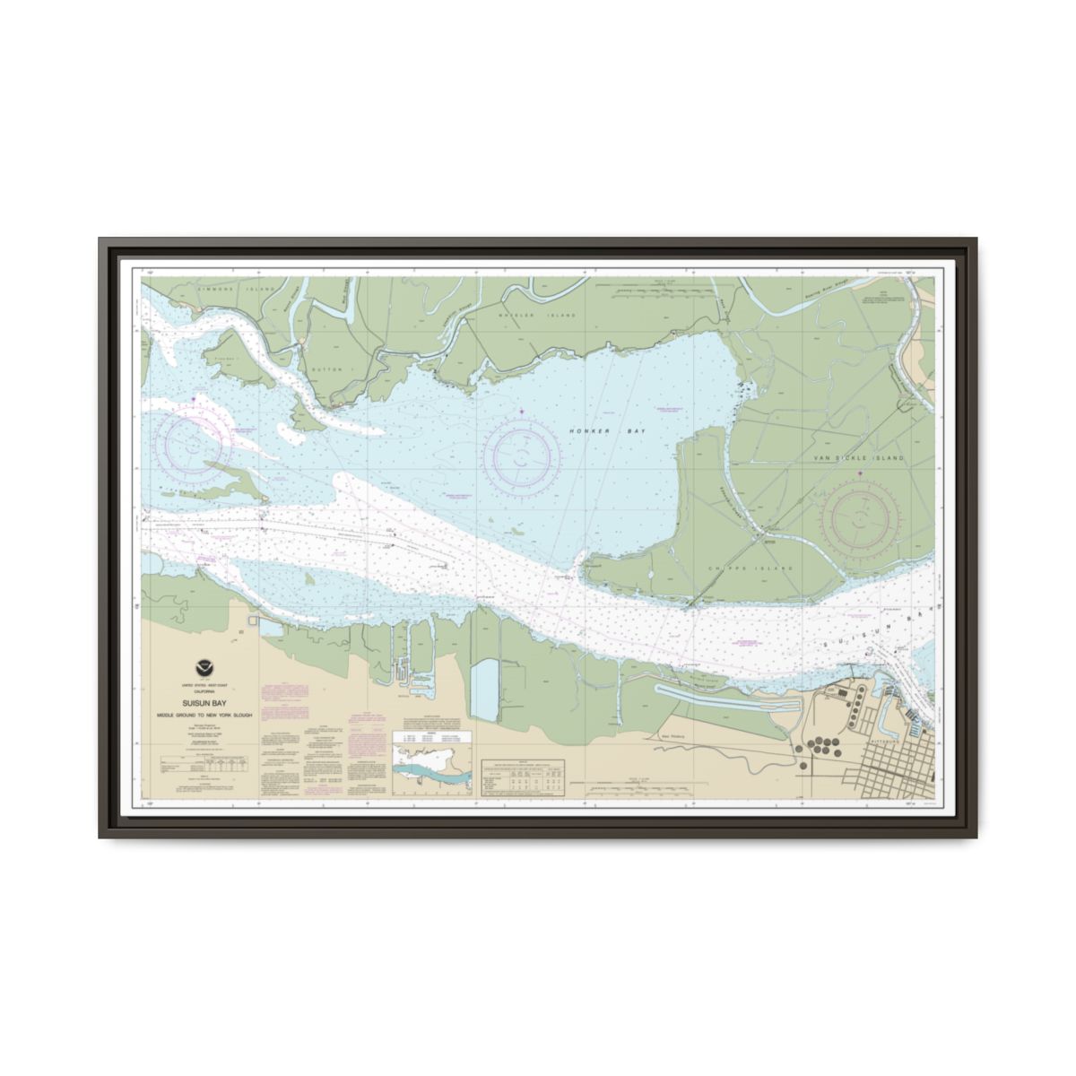 Chart 18666 Suisun Bay Middle Ground to New York Slough - NOAA Nautical Chart Floating Frame Canvas | 30" x 20" | 36" x 24" | 48" x 32" - Espresso front
