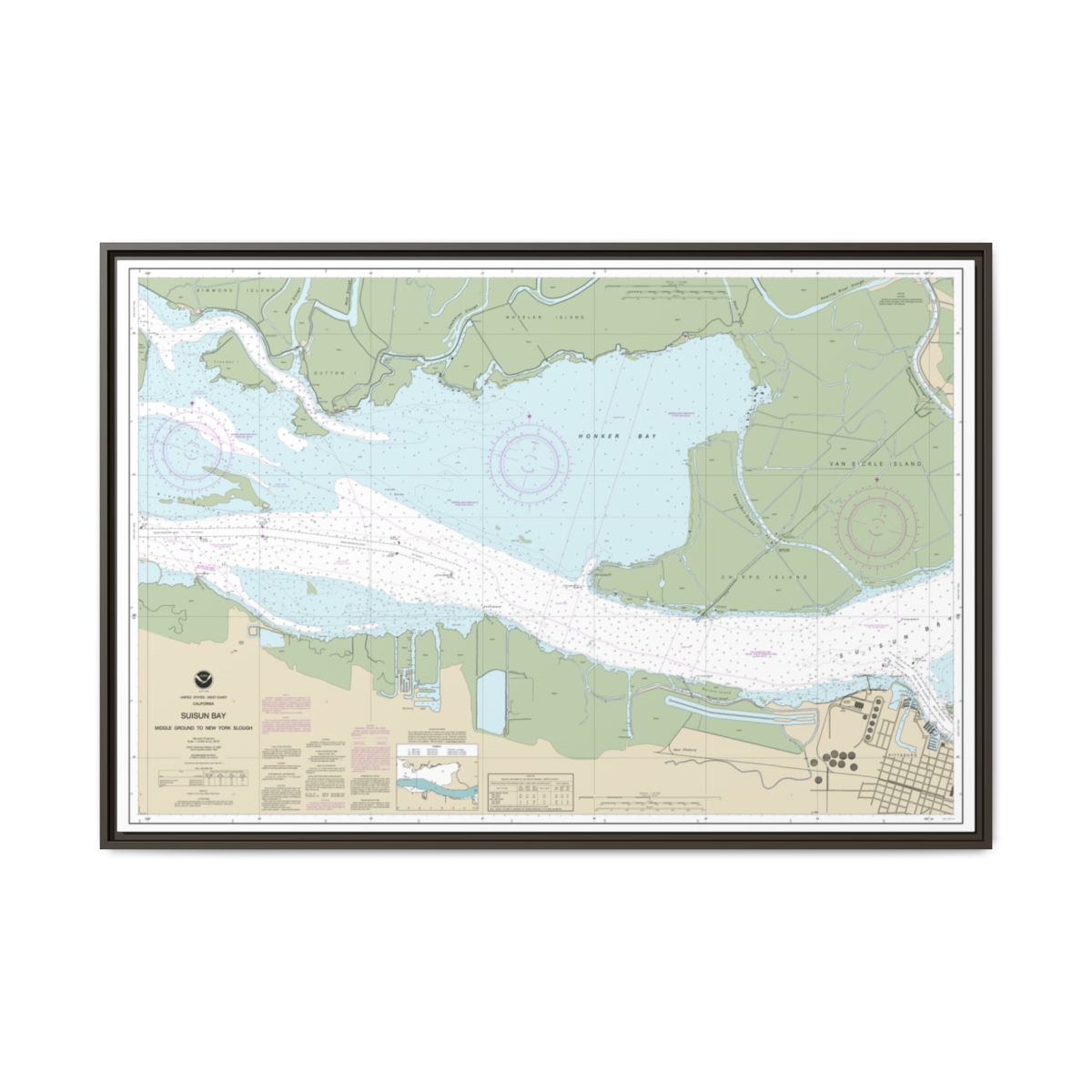 Chart 18666 Suisun Bay Middle Ground to New York Slough - NOAA Nautical Chart Floating Frame Canvas | 30" x 20" | 36" x 24" | 48" x 32" - Espresso front