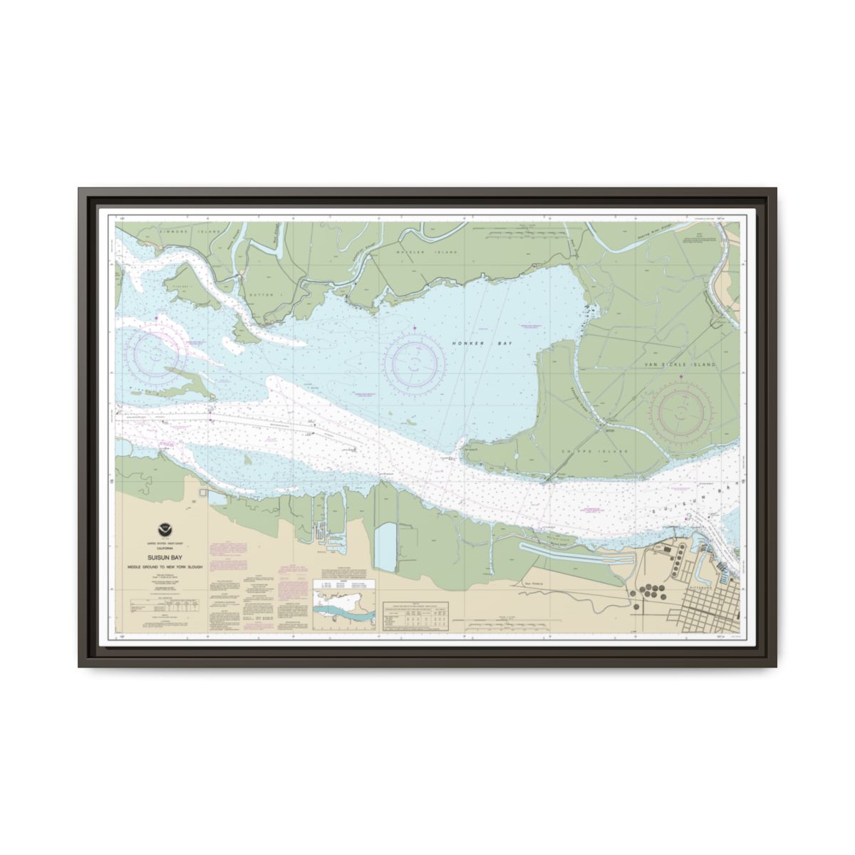 Chart 18666 Suisun Bay Middle Ground to New York Slough - NOAA Nautical Chart Floating Frame Canvas | 30" x 20" | 36" x 24" | 48" x 32" - Espresso front