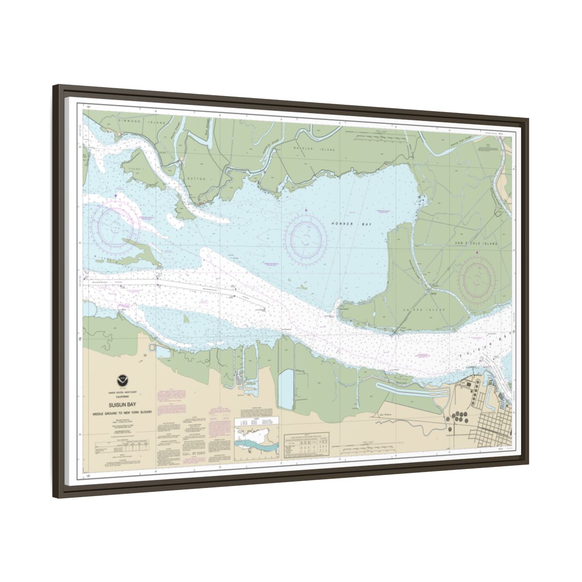 Chart 18666 Suisun Bay Middle Ground to New York Slough - NOAA Nautical Chart Floating Frame Canvas | 30" x 20" | 36" x 24" | 48" x 32" - Espresso side