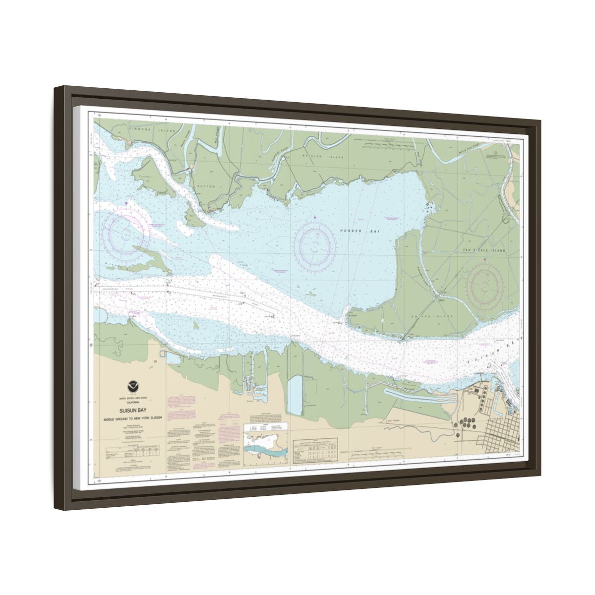Chart 18666 Suisun Bay Middle Ground to New York Slough - NOAA Nautical Chart Floating Frame Canvas | 30" x 20" | 36" x 24" | 48" x 32" - Espresso side