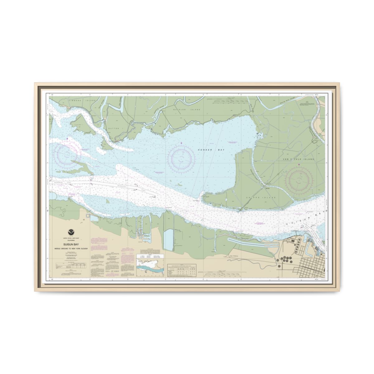 Chart 18666 Suisun Bay Middle Ground to New York Slough - NOAA Nautical Chart Floating Frame Canvas | 30" x 20" | 36" x 24" | 48" x 32" - Natural front