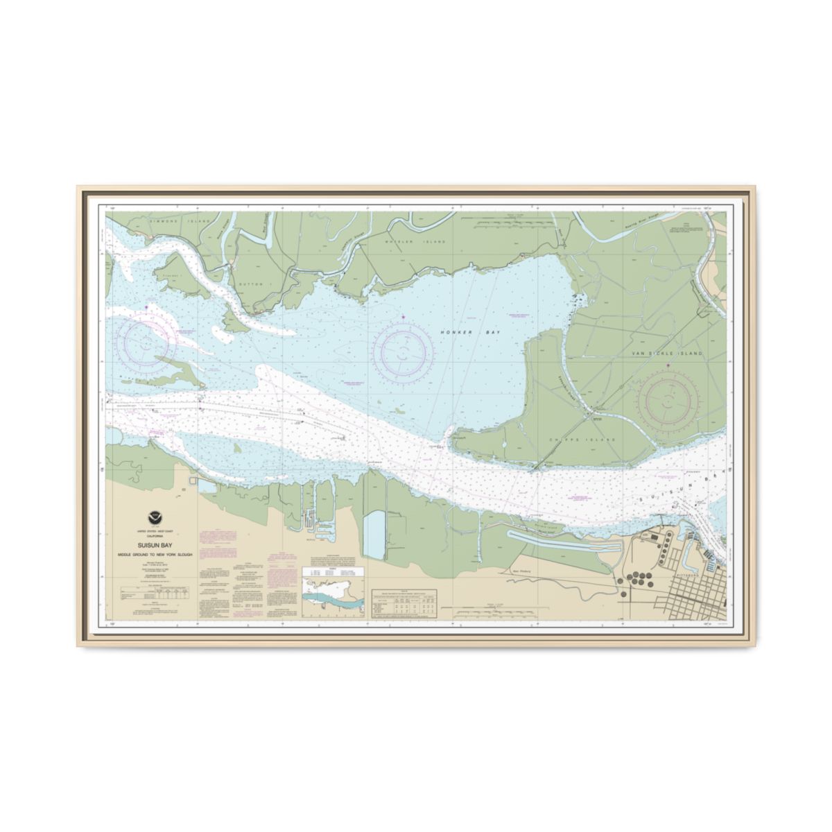 Chart 18666 Suisun Bay Middle Ground to New York Slough - NOAA Nautical Chart Floating Frame Canvas | 30" x 20" | 36" x 24" | 48" x 32" - Natural front