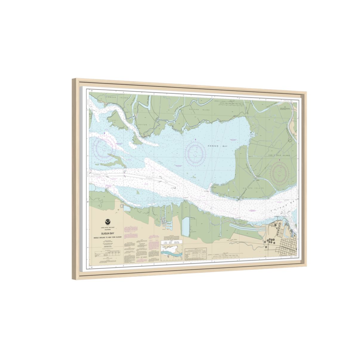 Chart 18666 Suisun Bay Middle Ground to New York Slough - NOAA Nautical Chart Floating Frame Canvas | 30" x 20" | 36" x 24" | 48" x 32" - Natural side