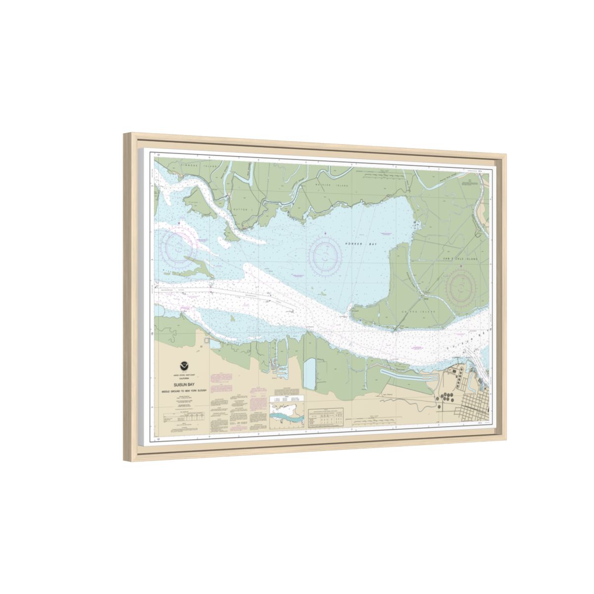 Chart 18666 Suisun Bay Middle Ground to New York Slough - NOAA Nautical Chart Floating Frame Canvas | 30" x 20" | 36" x 24" | 48" x 32" - Natural side