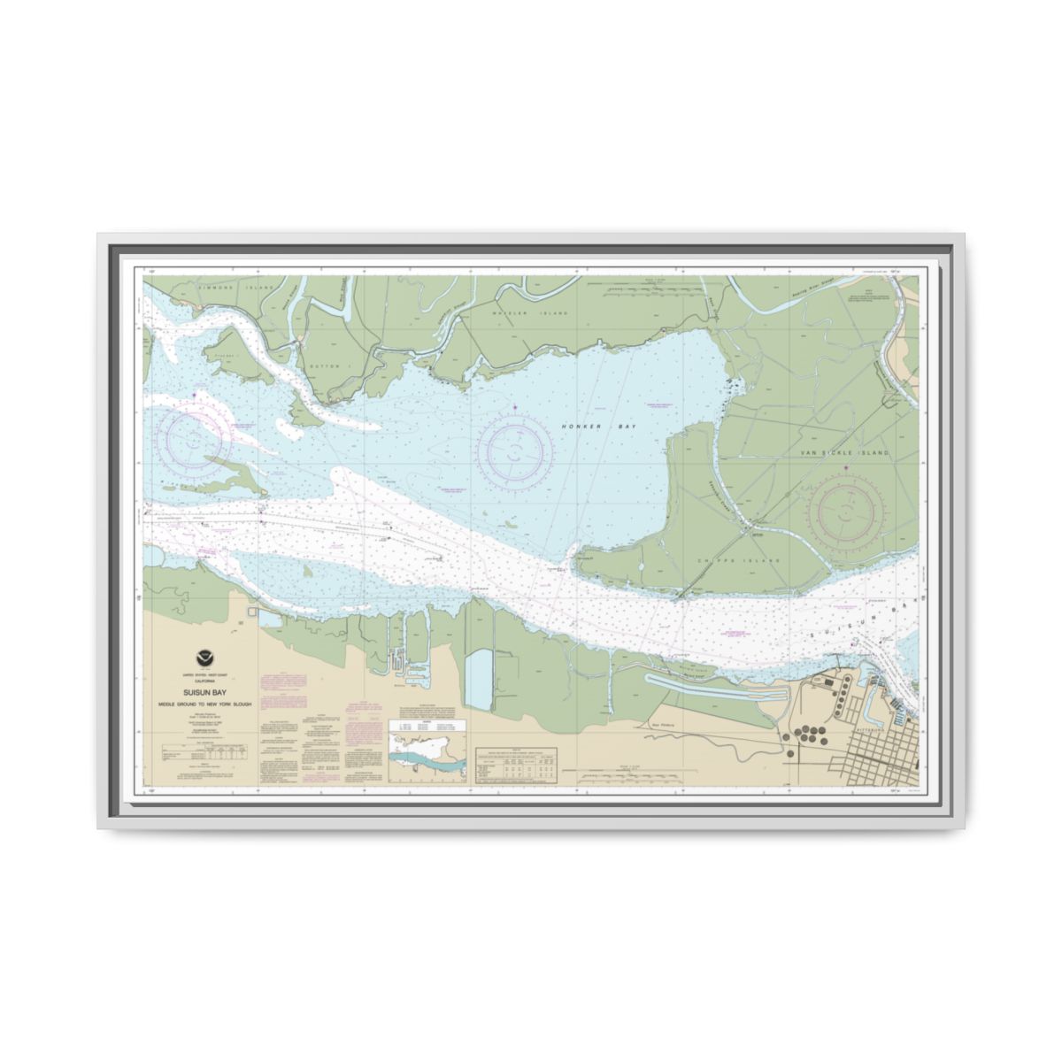 Chart 18666 Suisun Bay Middle Ground to New York Slough - NOAA Nautical Chart Floating Frame Canvas | 30" x 20" | 36" x 24" | 48" x 32" - White front
