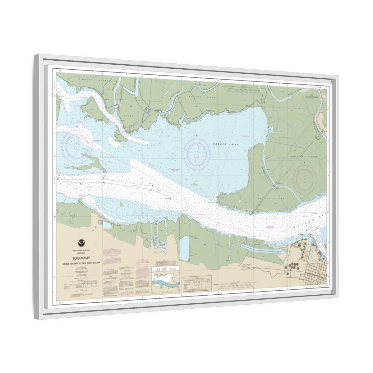 Chart 18666 Suisun Bay Middle Ground to New York Slough - NOAA Nautical Chart Floating Frame Canvas | 30" x 20" | 36" x 24" | 48" x 32" - White side