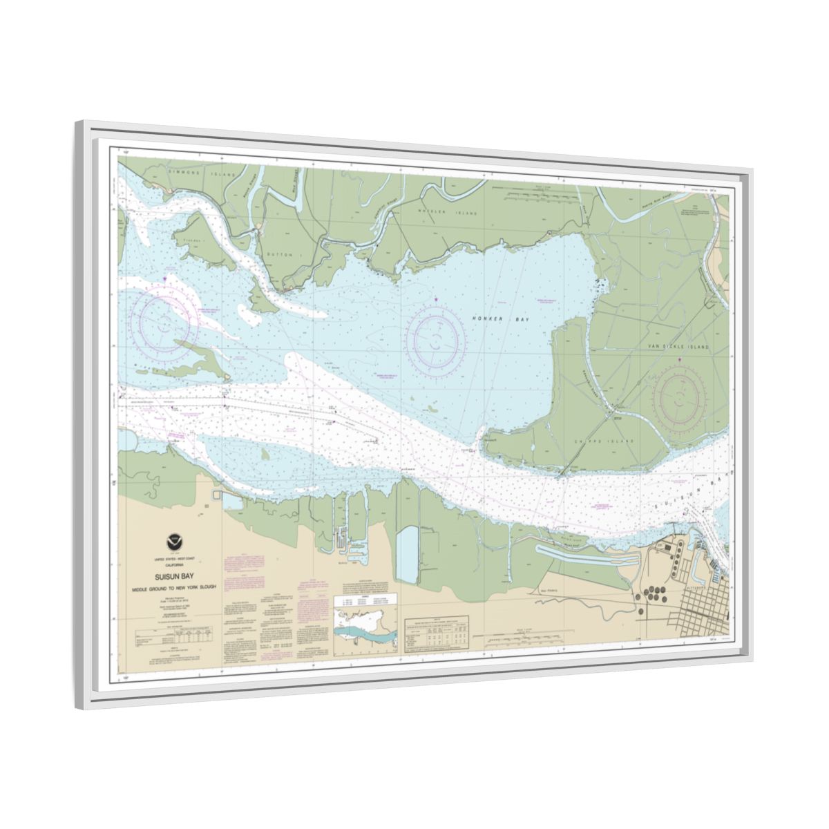 Chart 18666 Suisun Bay Middle Ground to New York Slough - NOAA Nautical Chart Floating Frame Canvas | 30" x 20" | 36" x 24" | 48" x 32" - White side