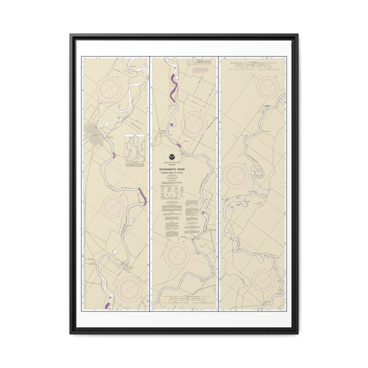 Chart 18667 Sacramento River Fourmile Bend To Colusa - NOAA Nautical Chart Floating Frame Canvas | 24" x 32" | 30" x 40" - Black front