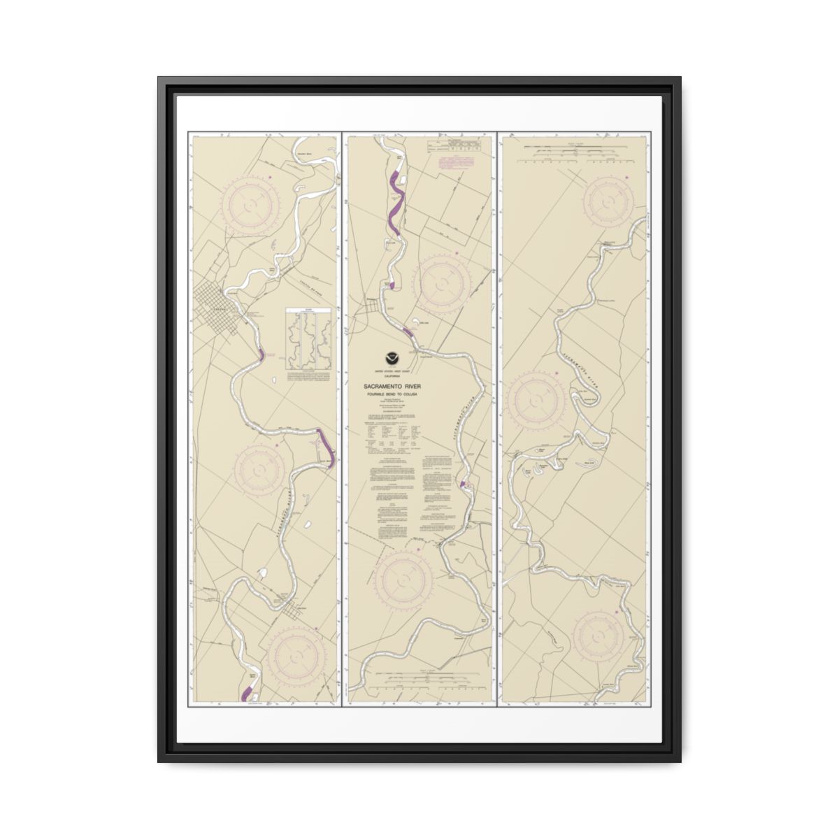 Chart 18667 Sacramento River Fourmile Bend To Colusa - NOAA Nautical Chart Floating Frame Canvas | 24" x 32" | 30" x 40" - Black front