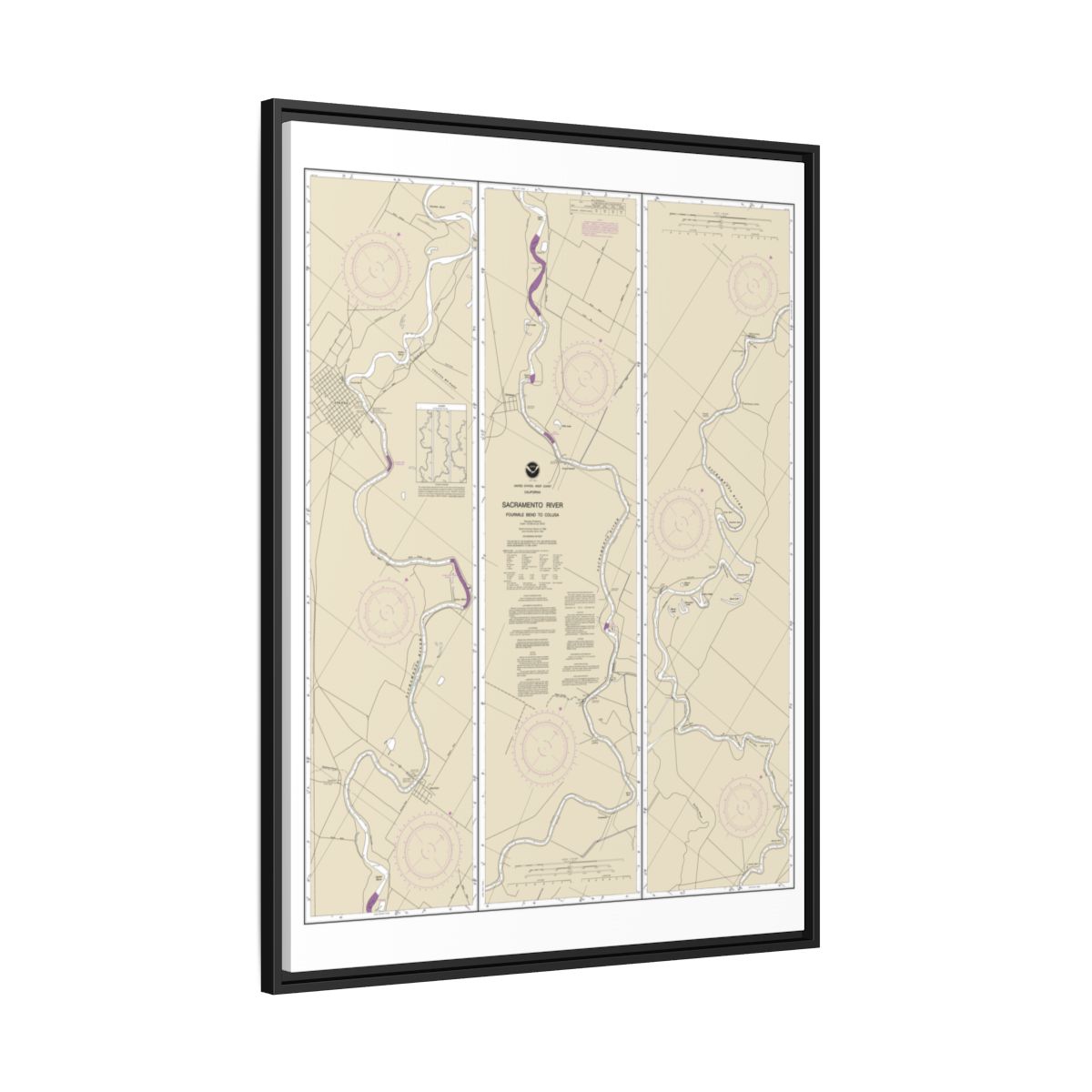 Chart 18667 Sacramento River Fourmile Bend To Colusa - NOAA Nautical Chart Floating Frame Canvas | 24" x 32" | 30" x 40" - Black side