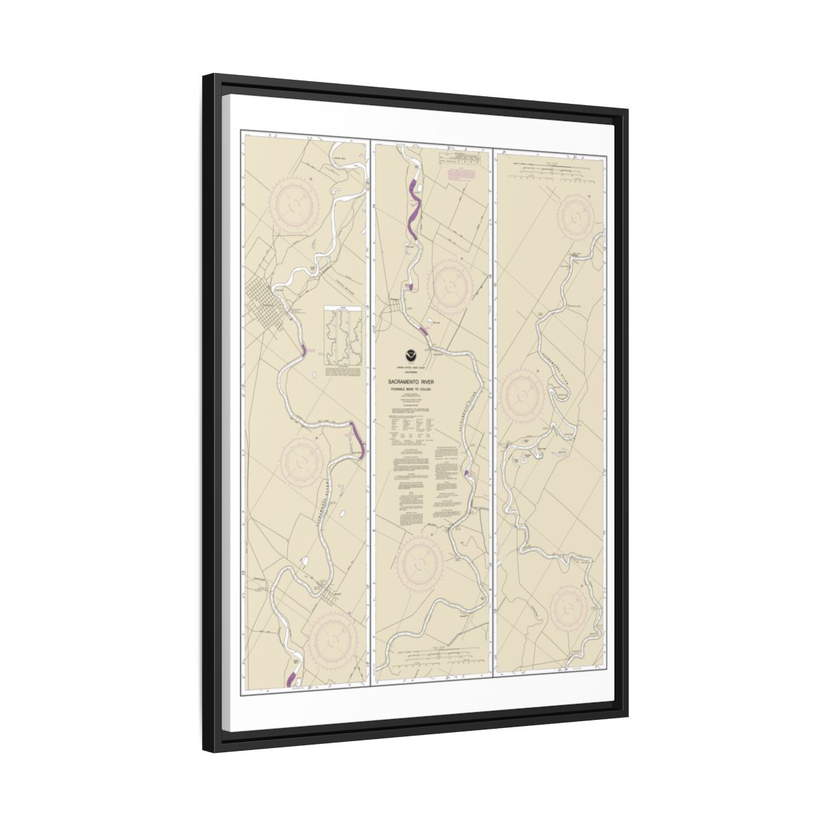 Chart 18667 Sacramento River Fourmile Bend To Colusa - NOAA Nautical Chart Floating Frame Canvas | 24" x 32" | 30" x 40" - Black side