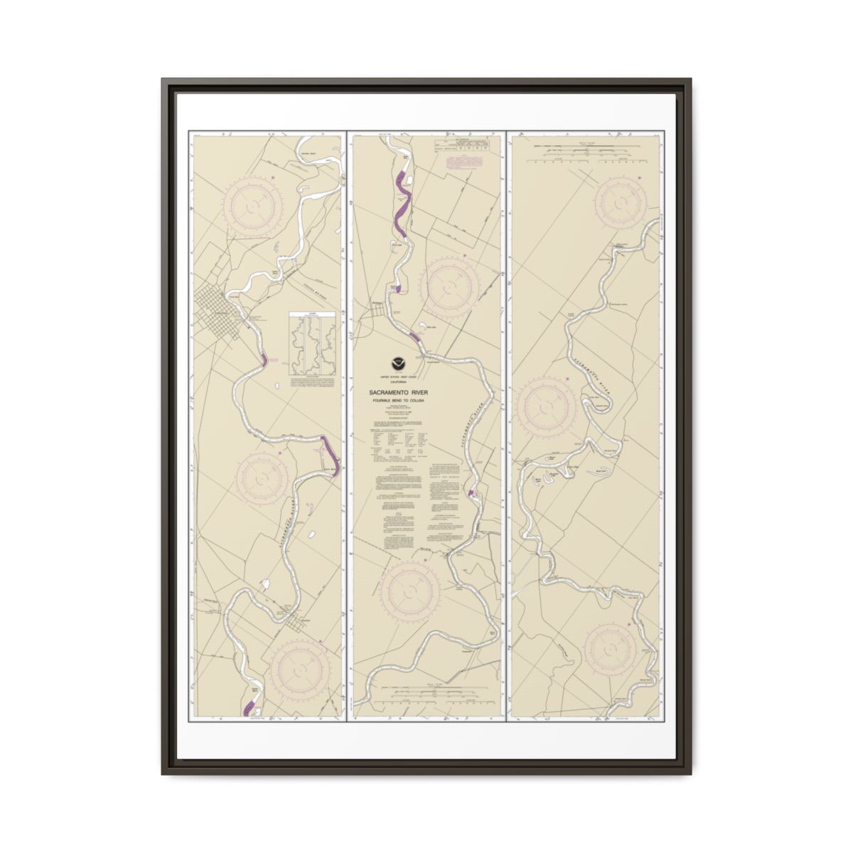 Chart 18667 Sacramento River Fourmile Bend To Colusa - NOAA Nautical Chart Floating Frame Canvas | 24" x 32" | 30" x 40" - Espresso front