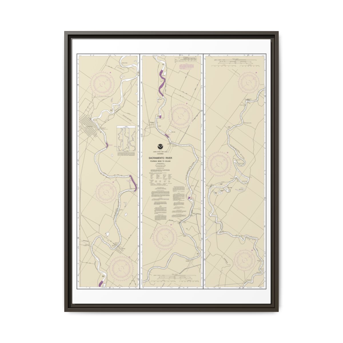Chart 18667 Sacramento River Fourmile Bend To Colusa - NOAA Nautical Chart Floating Frame Canvas | 24" x 32" | 30" x 40" - Espresso front