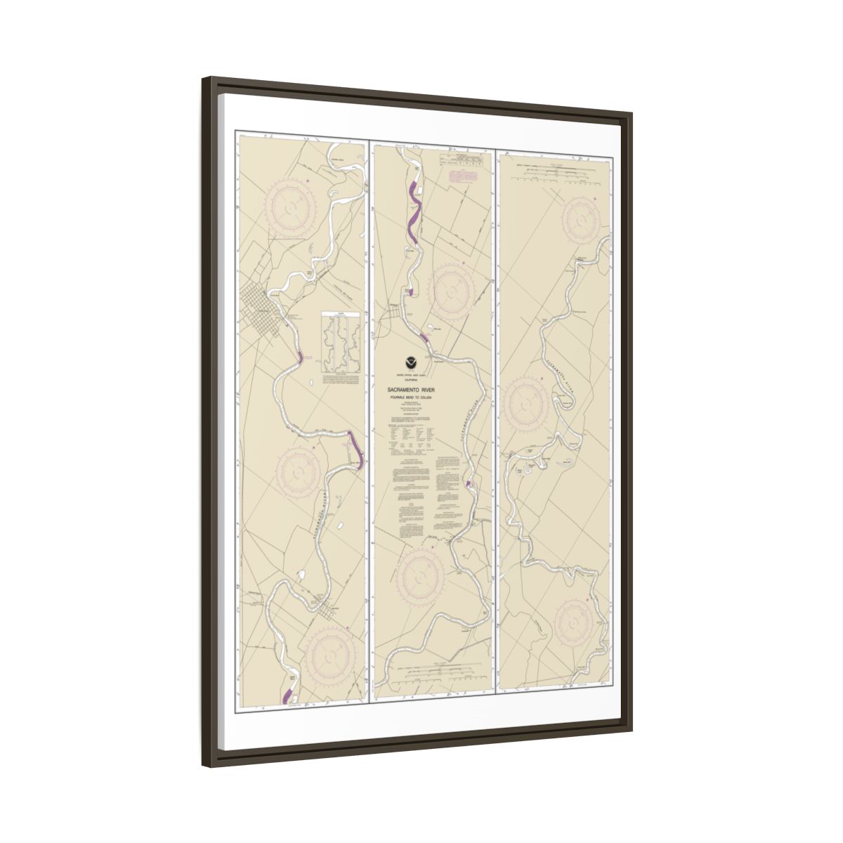 Chart 18667 Sacramento River Fourmile Bend To Colusa - NOAA Nautical Chart Floating Frame Canvas | 24" x 32" | 30" x 40" - Espresso side