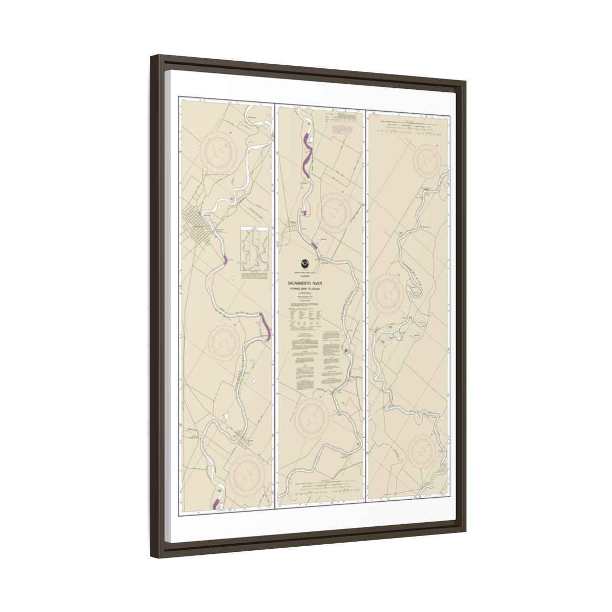 Chart 18667 Sacramento River Fourmile Bend To Colusa - NOAA Nautical Chart Floating Frame Canvas | 24" x 32" | 30" x 40" - Espresso side