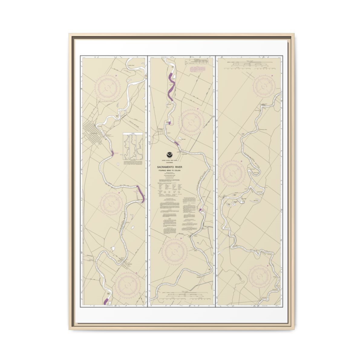 Chart 18667 Sacramento River Fourmile Bend To Colusa - NOAA Nautical Chart Floating Frame Canvas | 24" x 32" | 30" x 40" - Natural front