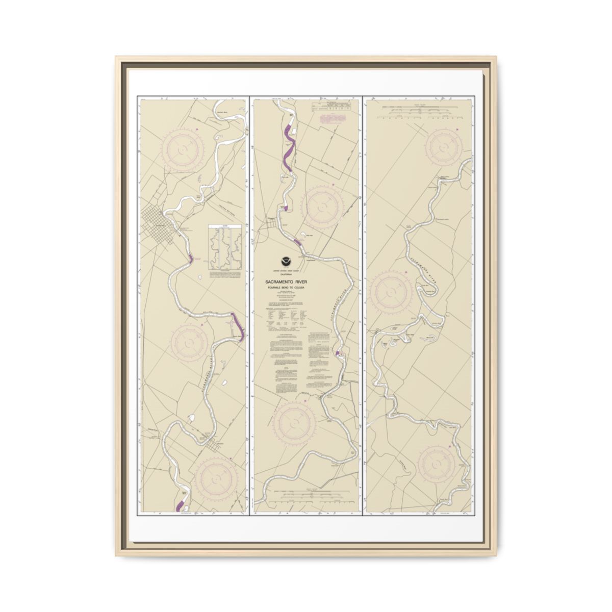 Chart 18667 Sacramento River Fourmile Bend To Colusa - NOAA Nautical Chart Floating Frame Canvas | 24" x 32" | 30" x 40" - Natural front
