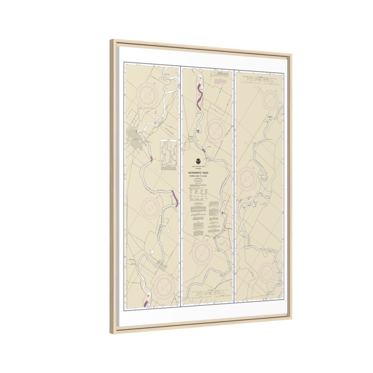 Chart 18667 Sacramento River Fourmile Bend To Colusa - NOAA Nautical Chart Floating Frame Canvas | 24" x 32" | 30" x 40" - Natural side