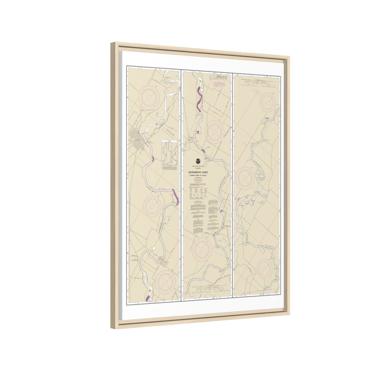 Chart 18667 Sacramento River Fourmile Bend To Colusa - NOAA Nautical Chart Floating Frame Canvas | 24" x 32" | 30" x 40" - Natural side