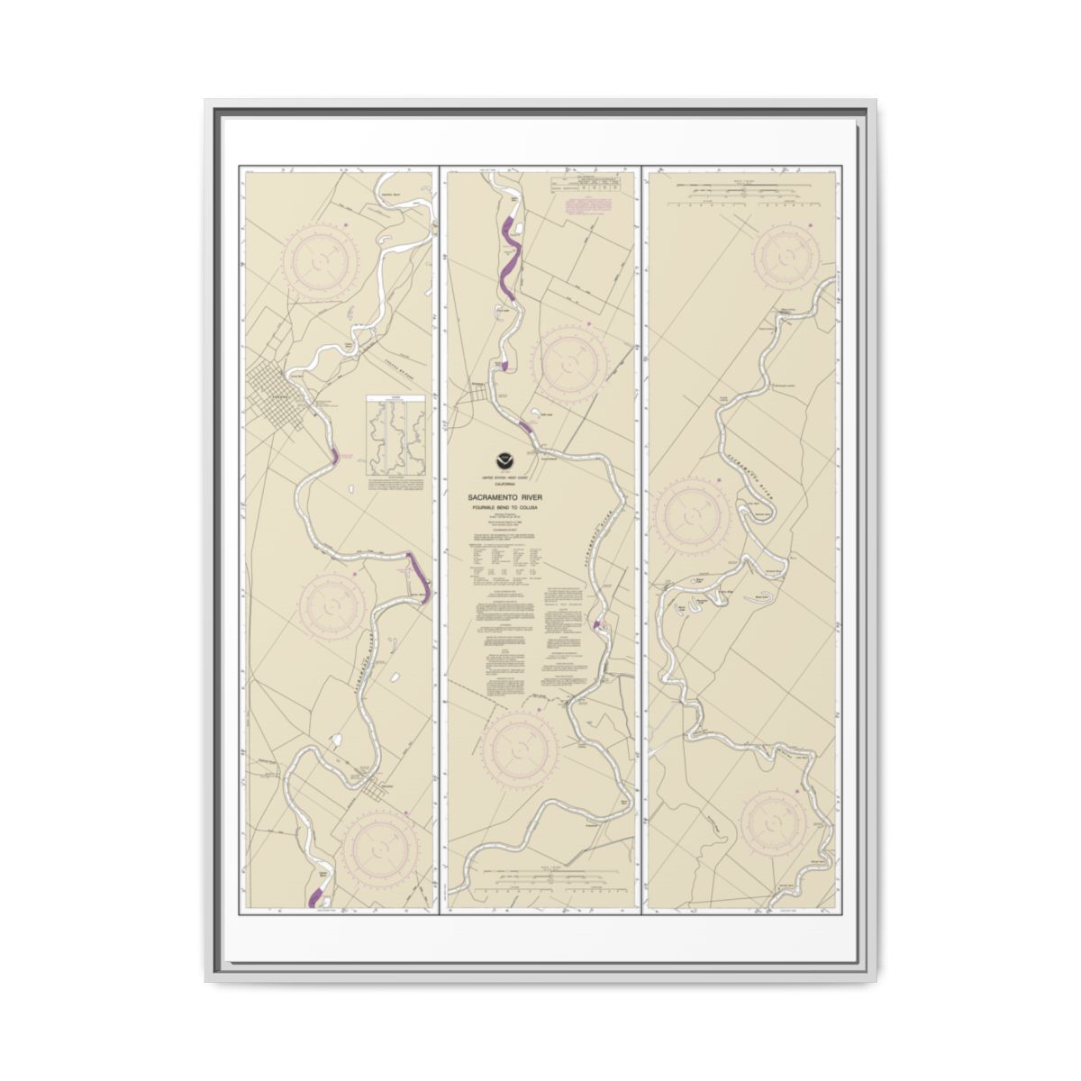 Chart 18667 Sacramento River Fourmile Bend To Colusa - NOAA Nautical Chart Floating Frame Canvas | 24" x 32" | 30" x 40" - White front
