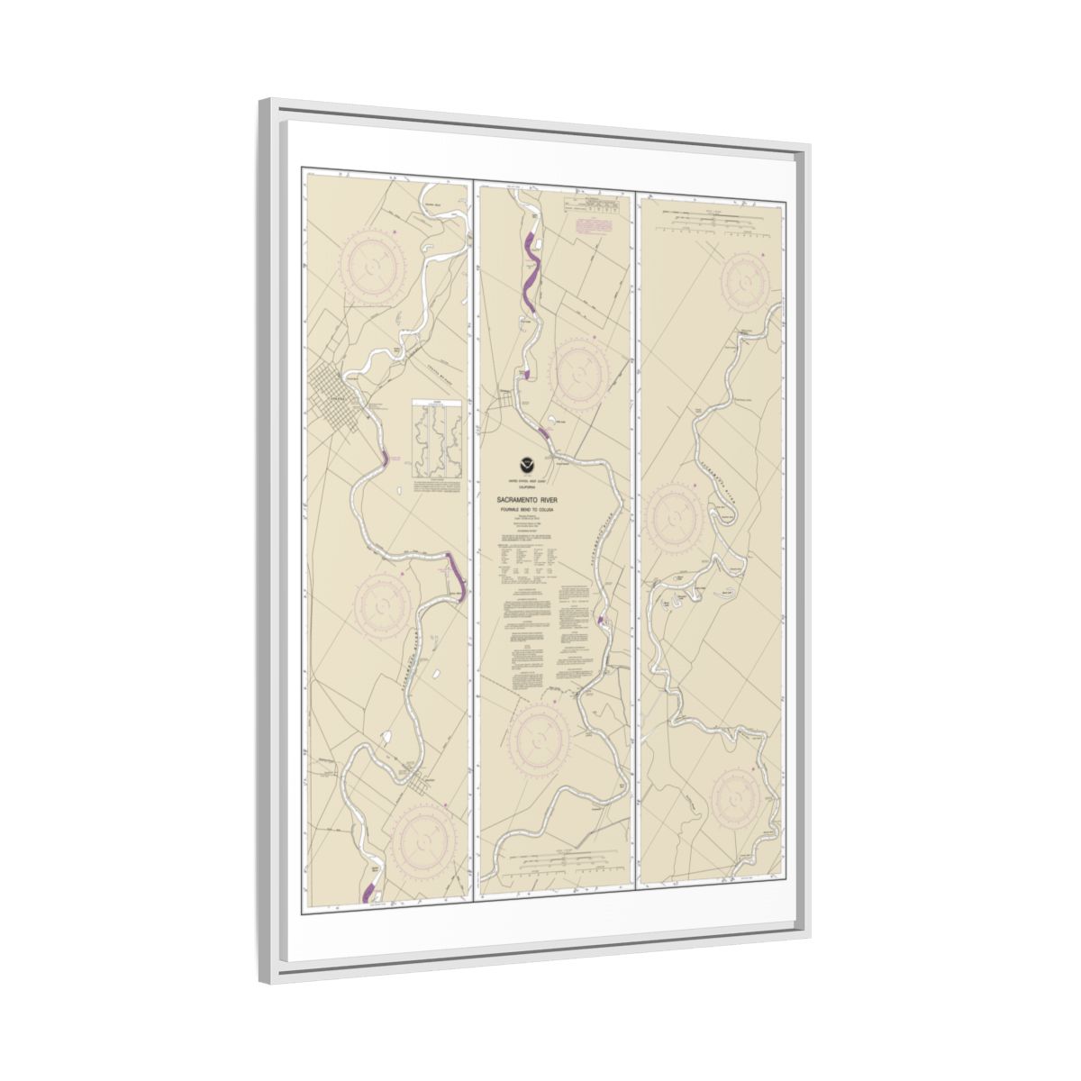 Chart 18667 Sacramento River Fourmile Bend To Colusa - NOAA Nautical Chart Floating Frame Canvas | 24" x 32" | 30" x 40" - White side