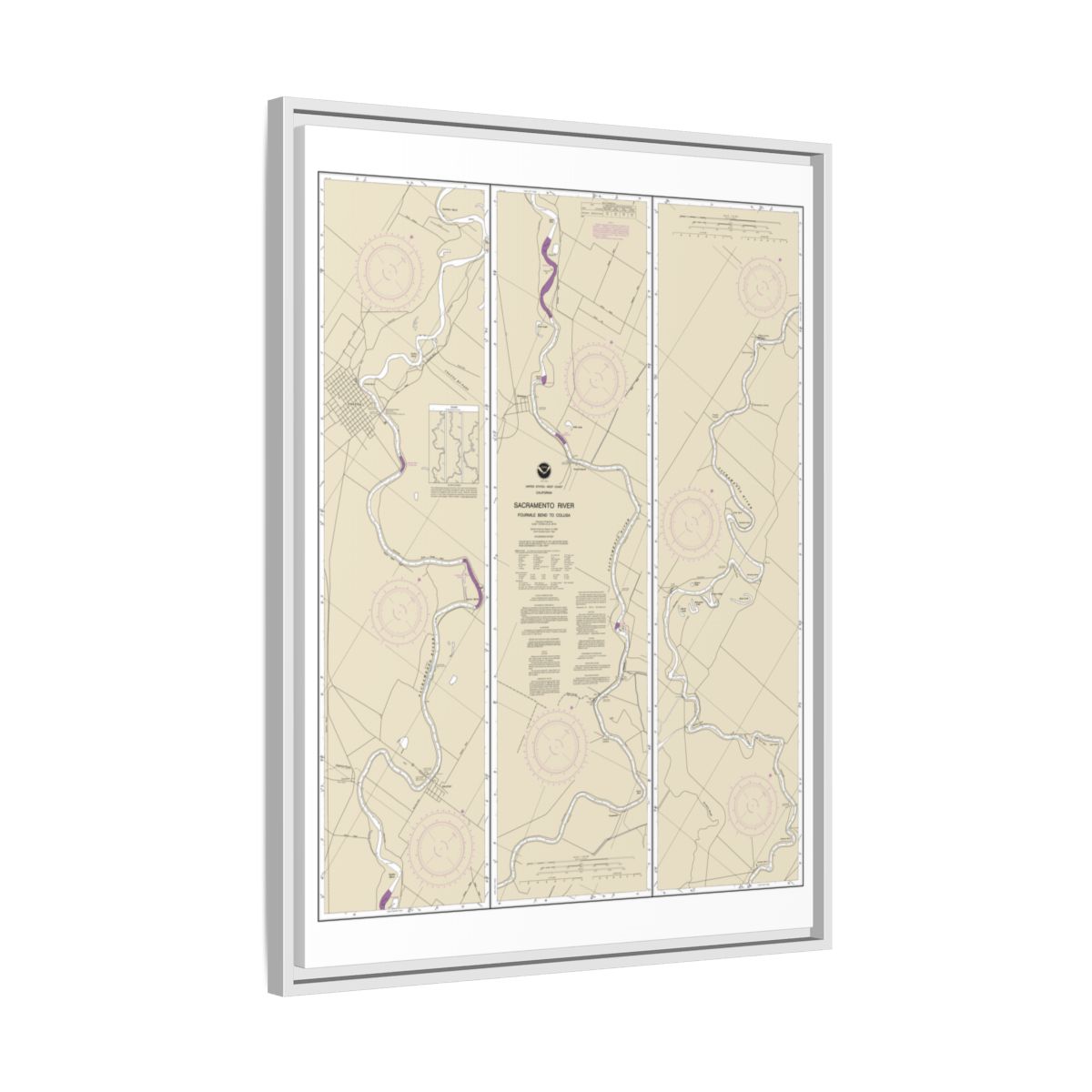 Chart 18667 Sacramento River Fourmile Bend To Colusa - NOAA Nautical Chart Floating Frame Canvas | 24" x 32" | 30" x 40" - White side
