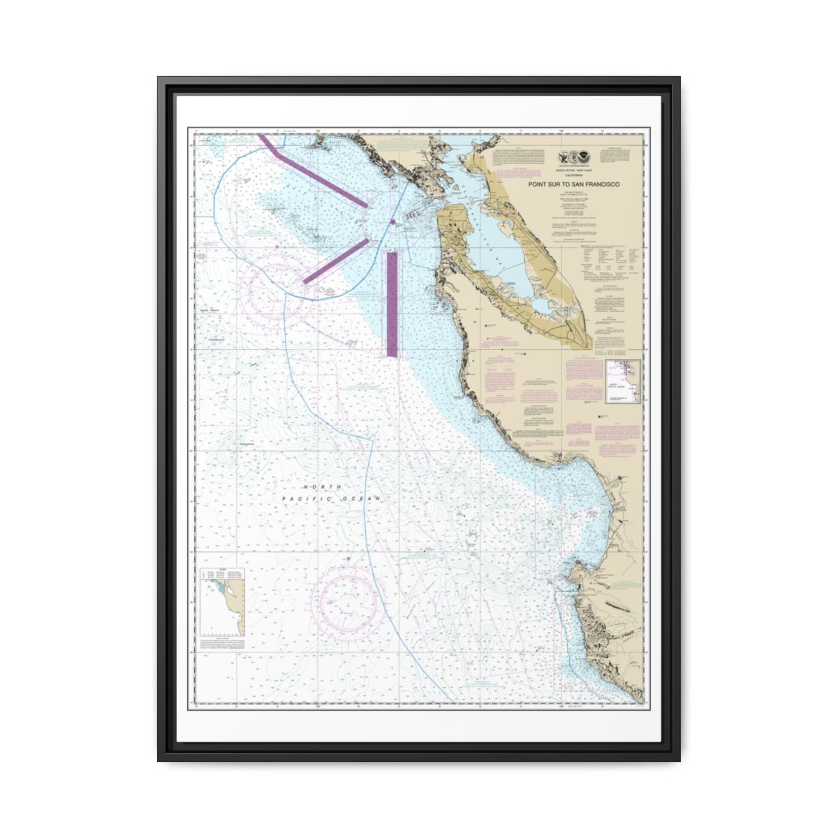 Chart 18680 Point Sur to San Francisco - NOAA Nautical Chart Floating Frame Canvas | 24" x 32" | 30" x 40" - Black front