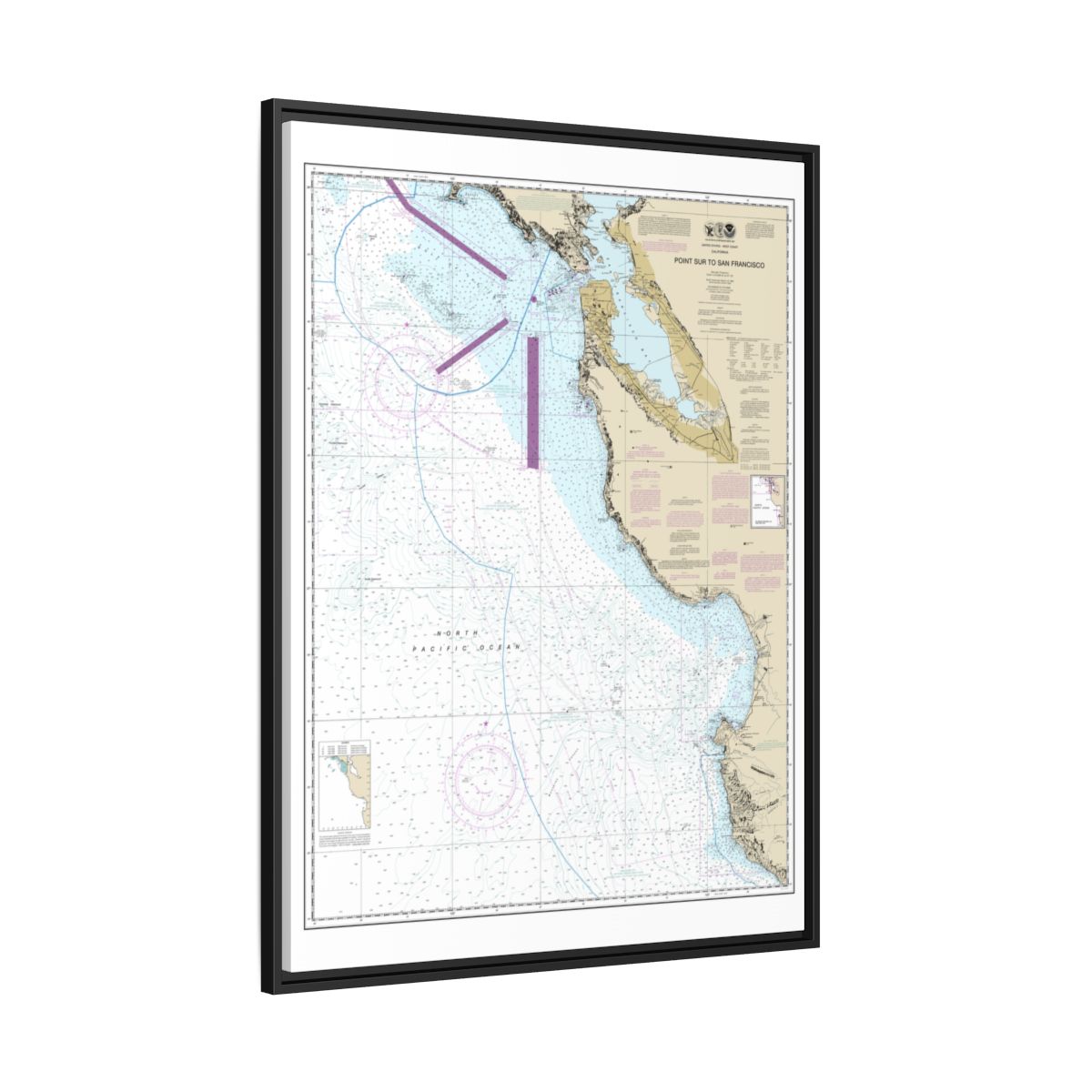 Chart 18680 Point Sur to San Francisco - NOAA Nautical Chart Floating Frame Canvas | 24" x 32" | 30" x 40" - Black side