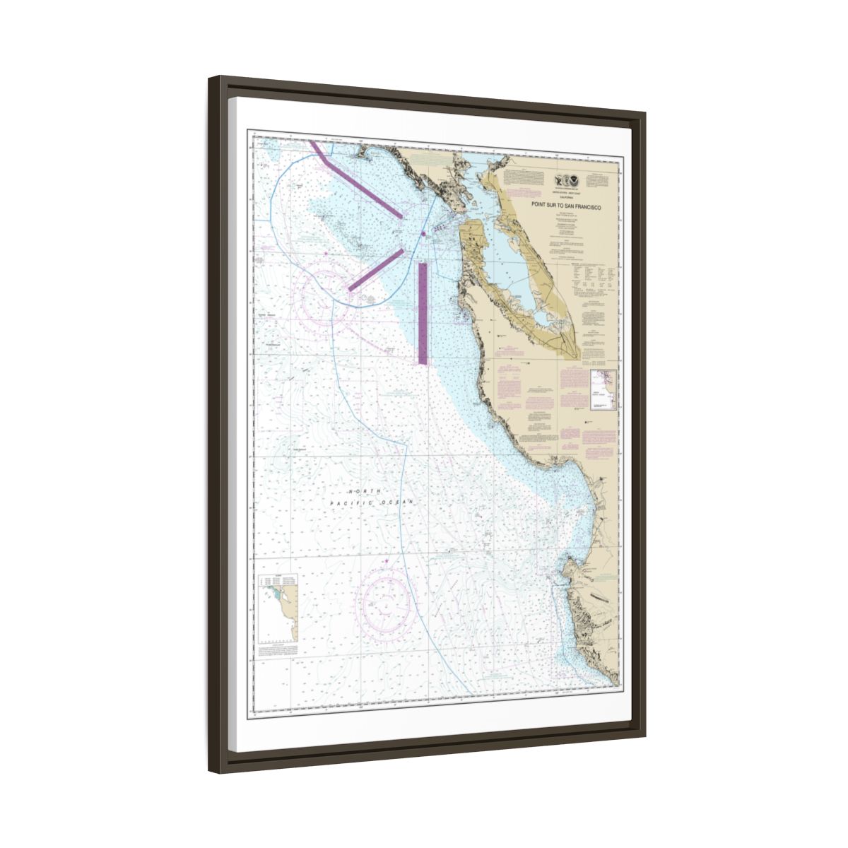 Chart 18680 Point Sur to San Francisco - NOAA Nautical Chart Floating Frame Canvas | 24" x 32" | 30" x 40" - Espresso side