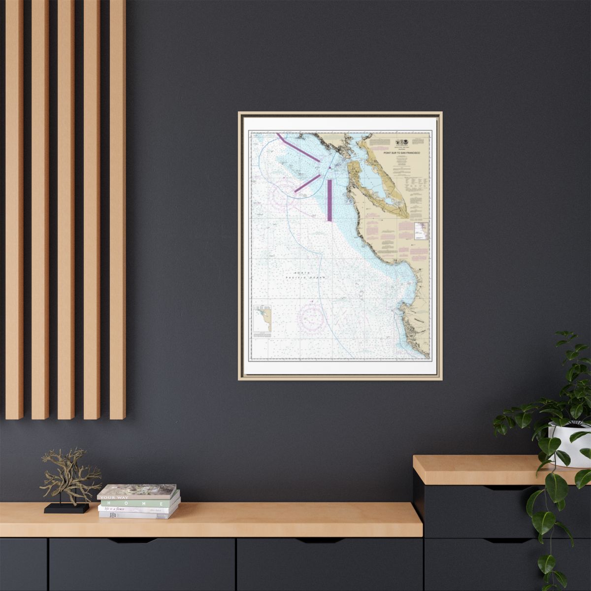 Chart 18680 Point Sur to San Francisco - NOAA Nautical Chart Floating Frame Canvas | 24" x 32" | 30" x 40" - Natural context-2